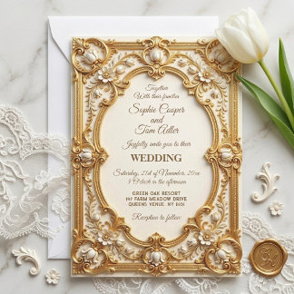 Invitación Oro Suave Opulencia Barroca Arte Tulipanes Blancos