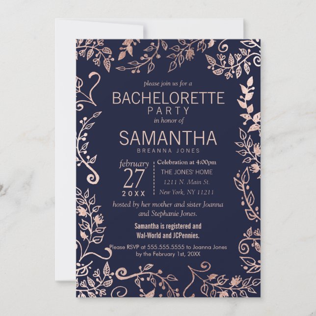 Invitación Oro subió azules marinos elegantes Bachelorette (Anverso)