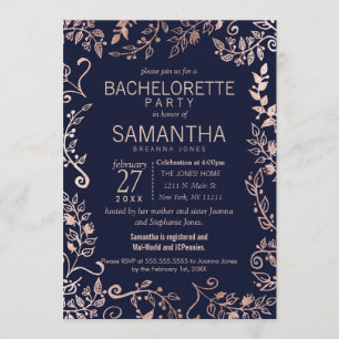 Invitación Oro subió azules marinos elegantes Bachelorette