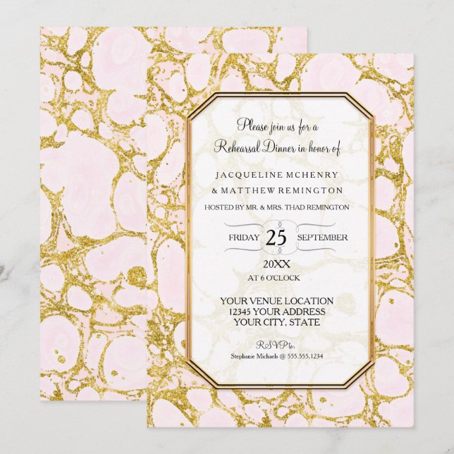 Invitación Oro subió veteado cena del papel de mármol del (Anverso / Reverso)