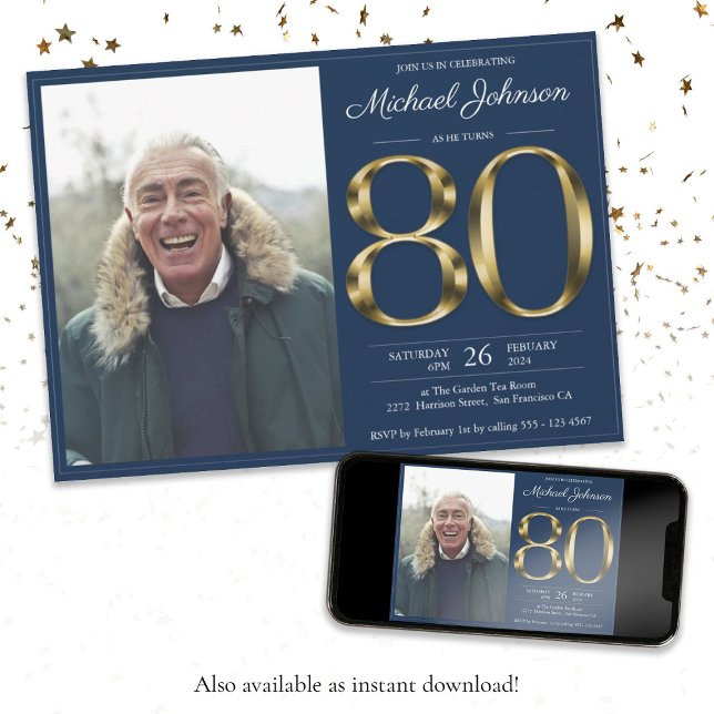 Invitación Oro Textos de la Marina Azul Foto 80 cumpleaños (80th Gold Text Navy Blue Classy Photo Birthday Invitation)