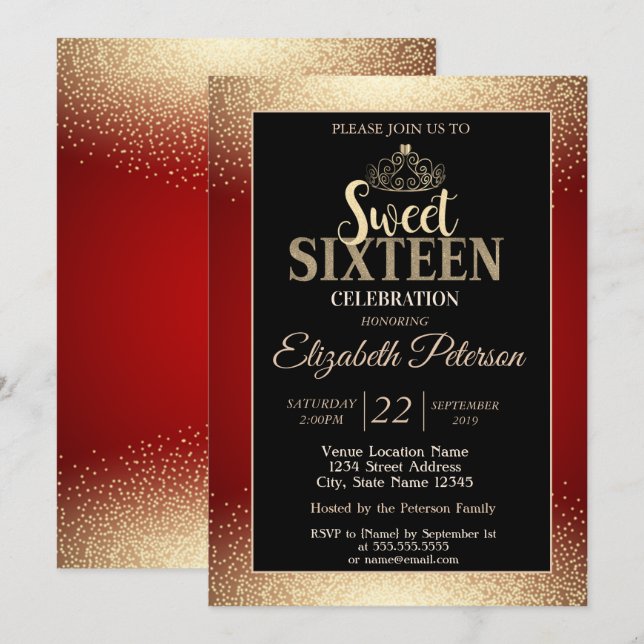 Invitación Oro Tiara Confetti, Dulce Rojo 16 Fiesta (Anverso / Reverso)