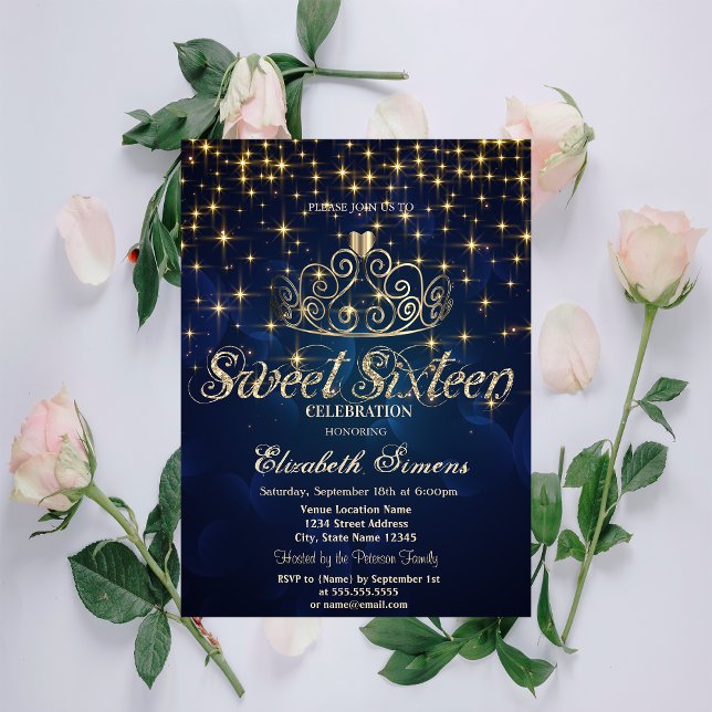 Invitación Oro Tiara Stars Princesa Marina Blue Sweet 16 (Subido por el creador)
