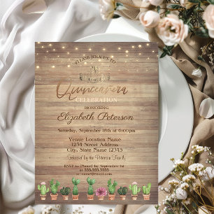 Invitación Oro Tiara, String Luces Cactus Madera Quinceañera