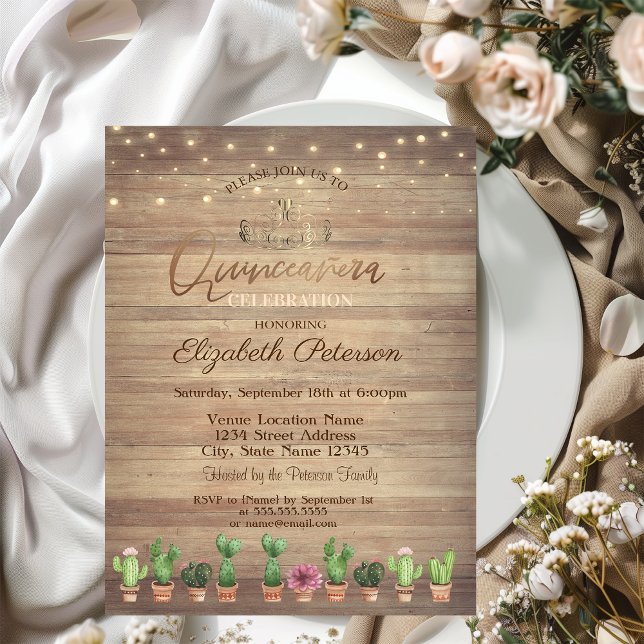 Invitación Oro Tiara, String Luces Cactus Madera Quinceañera (Subido por el creador)