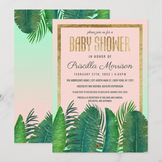 Invitación Oro tropical Baby Shower de la hoja del plátano de (Anverso / Reverso)
