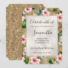 Invitación Oro Tropical Glitz Rosa Hibiscus Floral