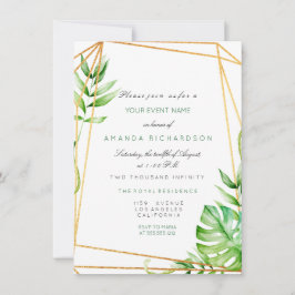 Invitación Oro Tropical Marco Poligonal Rayas Líneas Verde