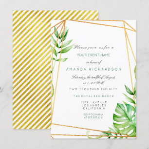 Invitación Oro Tropical Marco Poligonal Rayas Líneas Verde