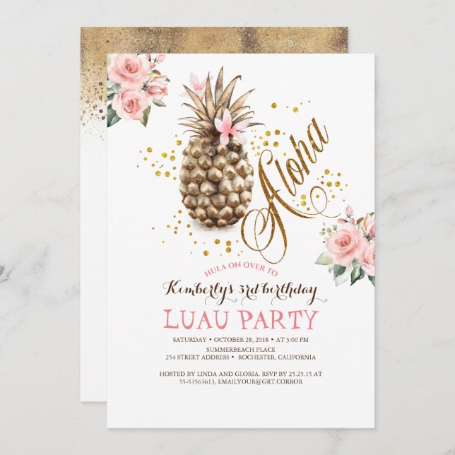 Invitación Oro Tropical Piña Rosa Floral Luau Cumpleaños (Anverso / Reverso)