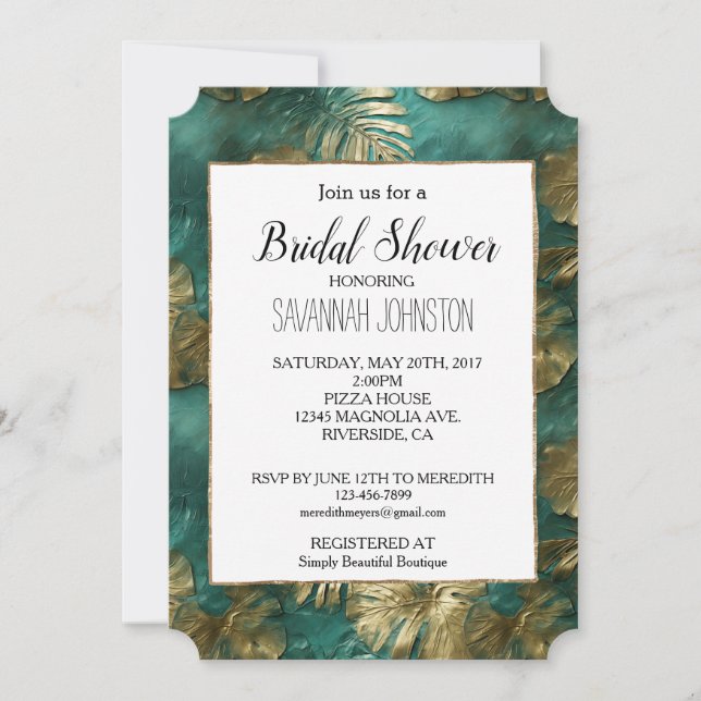 Invitación Oro tropical verde esmeralda deja ducha de novia (Anverso)