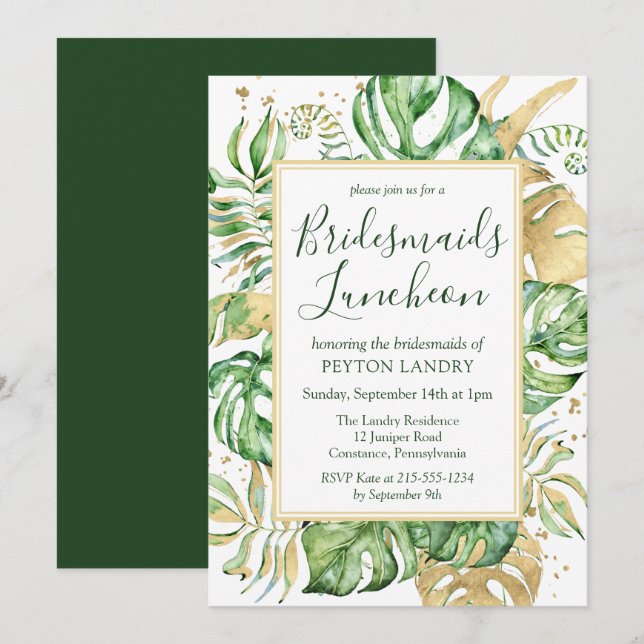 Invitación Oro tropical y damas de honor verdes (Anverso / Reverso)