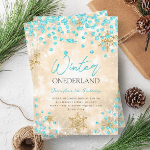 Invitación Oro Turquesa Invierno ONEDERLAND 1º cumpleaños
