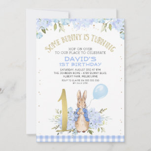 Invitación Oro Un Floral Azul Peter Rabbit Primer cumpleaños