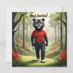 Invitación "¡Oro! Un tigre negro jugando golf en el bosque"