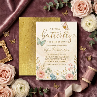 Invitación Oro, una pequeña mariposa en camino baby shower