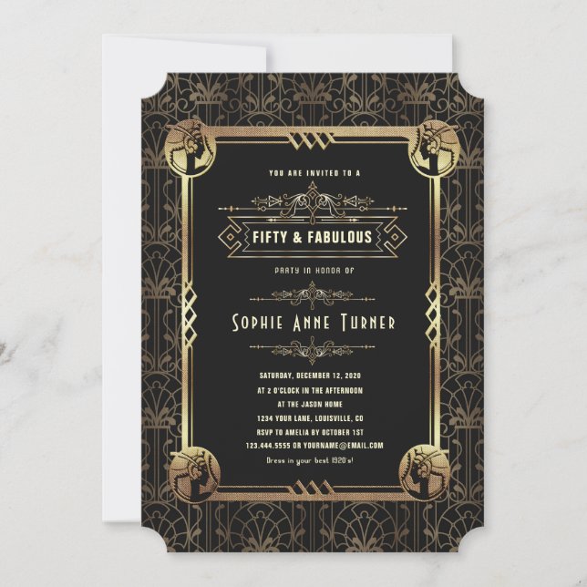 Invitación Oro Único Negro Gran Gatsby Cincuenta Y Fabuloso (Anverso)
