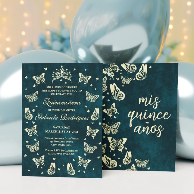 Invitación Oro Verde 15 cumpleaños Mariposa Mis Quince (Green Gold 15 birthday Tiara Butterfly Mis Quince Invitation)