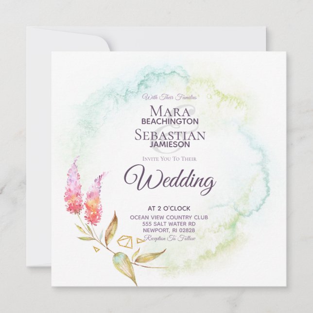 Invitación ~ Oro Verde azulado acuarela elegancia Boda floral (Anverso)