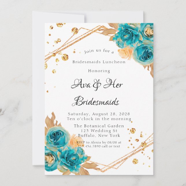 Invitación Oro verde azulado Peony Geometric Bridesmaids Lunc (Anverso)