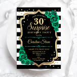 Invitación Oro Verde Blanco Negro Sorpresa 30 cumpleaños<br><div class="desc">Sorpresa 30.ª Invitación a la fiesta de cumpleaños. Diseño femenino negro, blanco y verde esmeralda con oro falso purpurina. Presenta rayas en blanco y negro, rosas, letra de guión y confeti. Perfecto para una elegante celebración del cumpleaños de las mujeres. Se puede personalizar para mostrar cualquier edad. Invitaciones Zazzle impresas...</div>