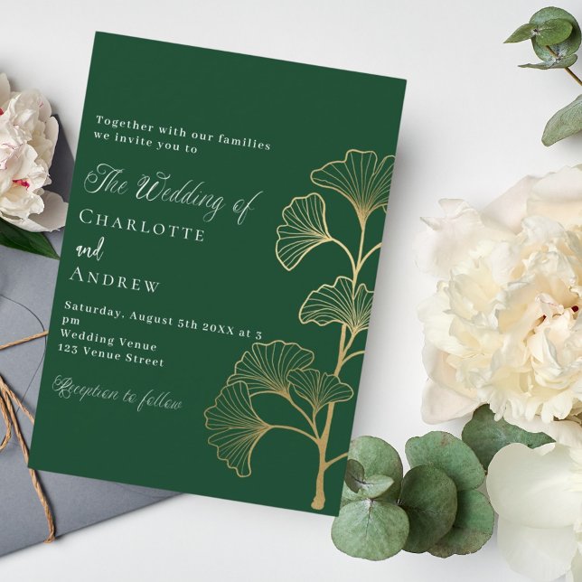 Invitación oro verde de ginkgo verde esmeralda boda (Subido por el creador)