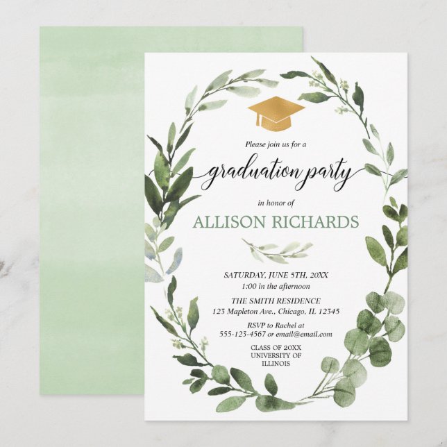 Invitación Oro verde del verdor moderno simple de la fiesta (Anverso / Reverso)