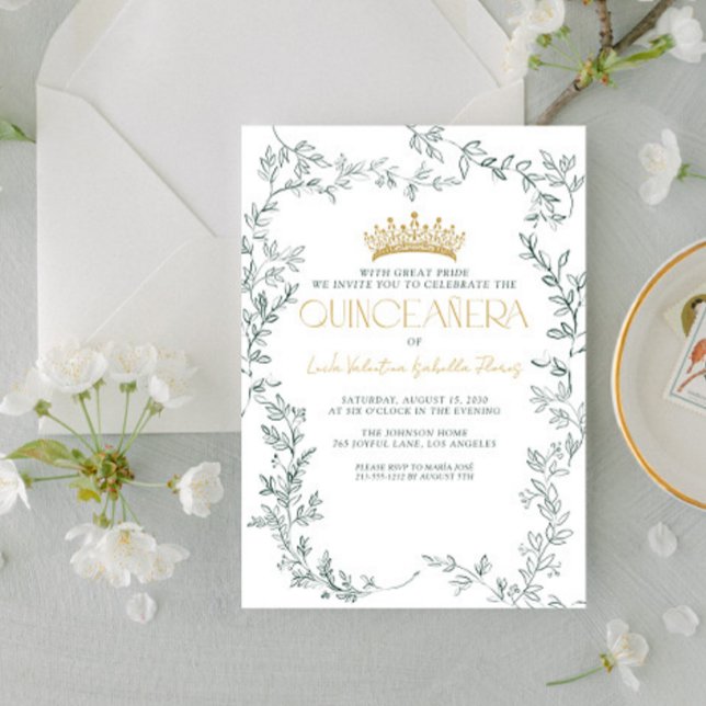 Invitación Oro verde esmeralda Botánico Floral Quinceañera (Subido por el creador)