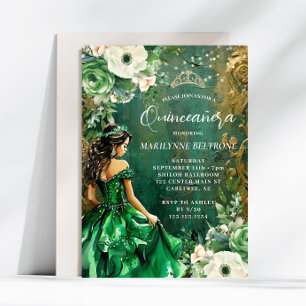 Invitación Oro Verde Floral Princesa Quinceañera