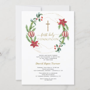 Invitación Oro verde floral rojo invierno primera comunión sa