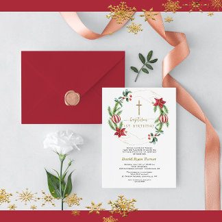 Invitación Oro verde floral rojo invierno primera comunión sa