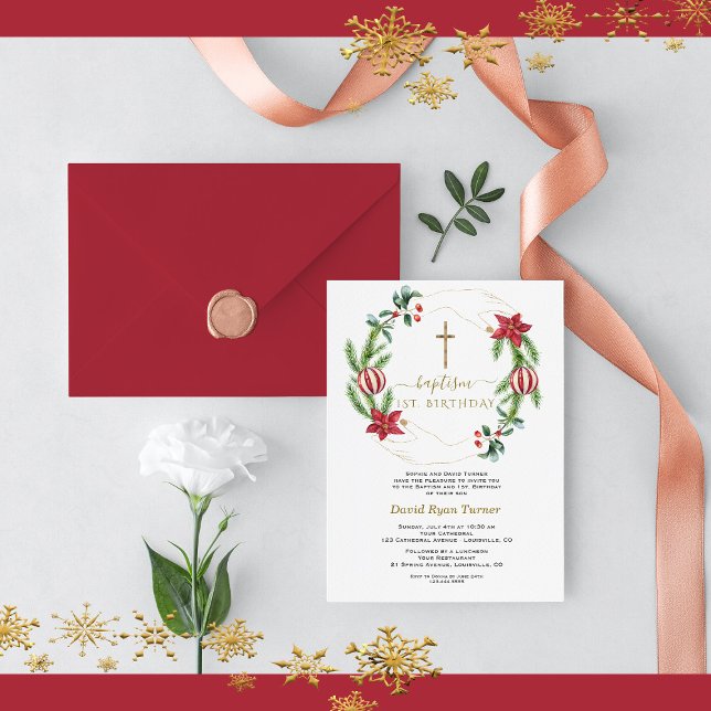 Invitación Oro verde floral rojo invierno primera comunión sa (christmas baptism 1st birthday invitation, winter holidays baptism invitation)