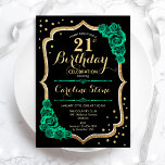 Invitación Oro Verde Negro Feminina 21 cumpleaños<br><div class="desc">Invitación a la fiesta de cumpleaños número 21. Elegante diseño verde esmeralda floral con oro falso purpurina,  rosas y letra de guión. Perfecto para una elegante celebración del cumpleaños de las mujeres. ¡Se puede personalizar para cualquier edad! Invitaciones Zazzle impresas o una plantilla imprimible digital de descarga instantánea.</div>