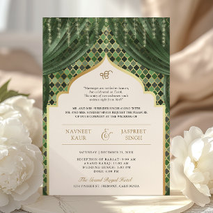 Invitación Oro verde oliva Quatrefoil QR Código Sikh Boda