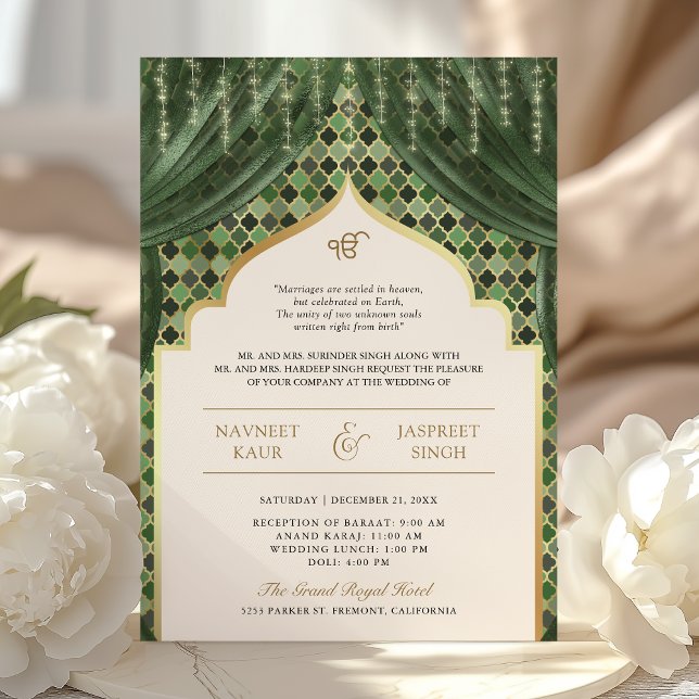 Invitación Oro verde oliva Quatrefoil QR Código Sikh Boda (Subido por el creador)