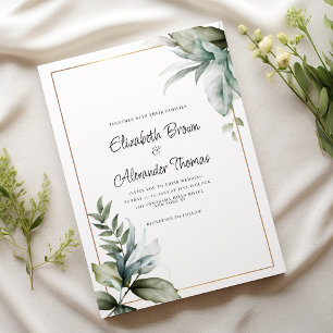 Invitación Oro verde pastel bellas hojas boda floral