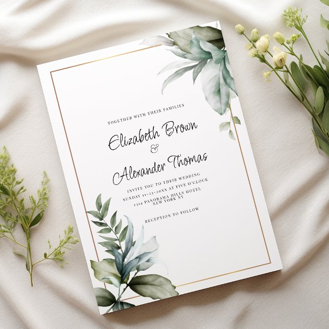 Invitación Oro verde pastel bellas hojas boda floral (Pastel green gold beautiful leaves floral wedding)