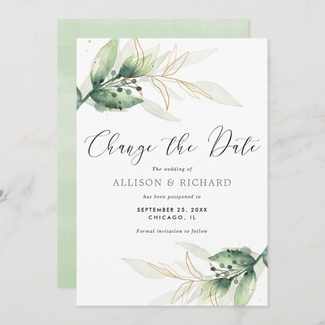 Invitación Oro verde simple Cambiar el boda de fecha (Anverso / Reverso)