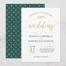 Invitación Oro & Verde Teal | Ceremonia de Boda Clásica Elega