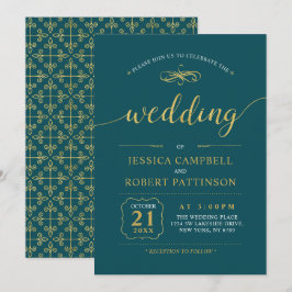Invitación Oro & Verde Teal | Ceremonia de Boda Clásica Elega