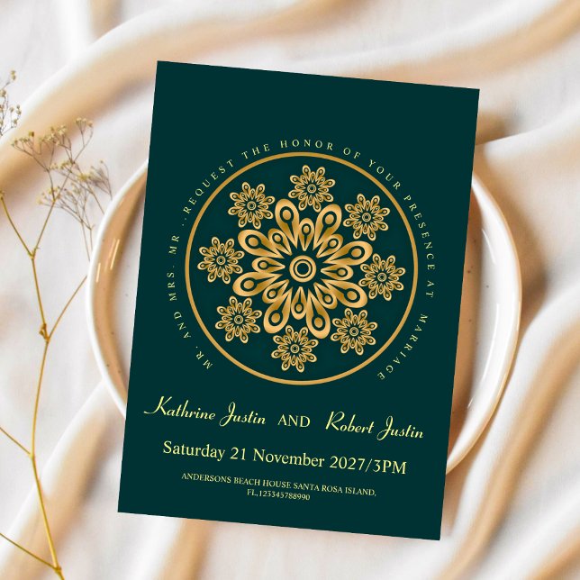 Invitación ORO VERDE tradicional Mandala boda indio (Subido por el creador)