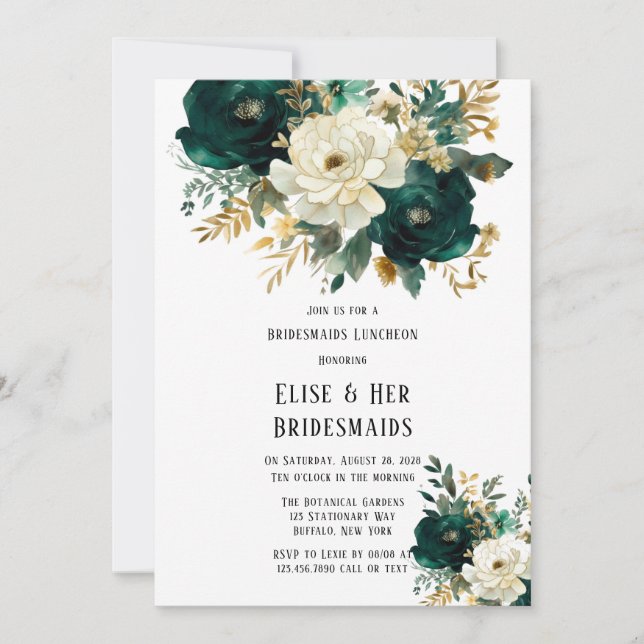 Invitación Oro verde White Floral Bridesmaids Luncheon (Anverso)