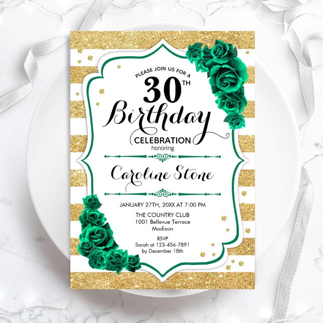 Invitación Oro verde y franjas blancas Floral 30 cumpleaños (Subido por el creador)
