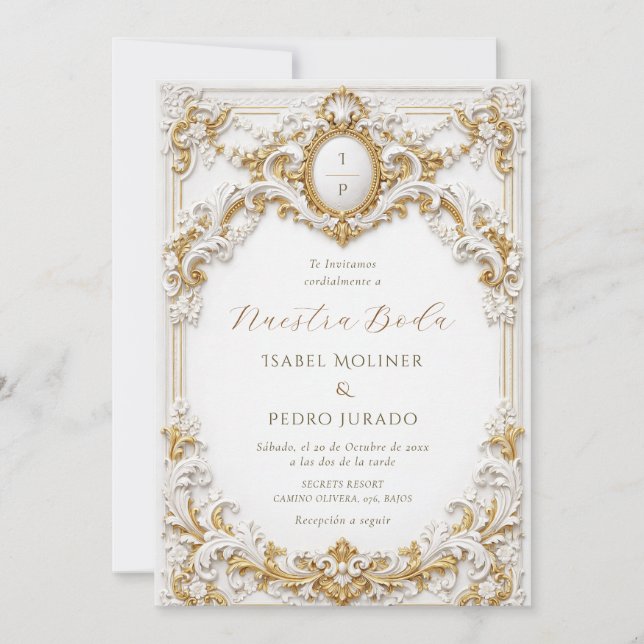 Invitación Oro Victoriano Blanco Barroco Nuestra Boda Boda (Anverso)
