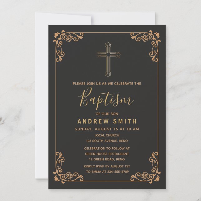Invitación Oro viejo y bautismo negro de la caligrafía del (Anverso)