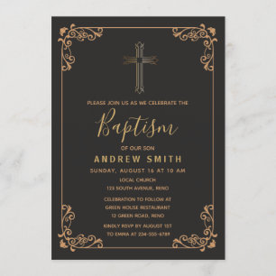Invitación Oro viejo y bautismo negro de la caligrafía del