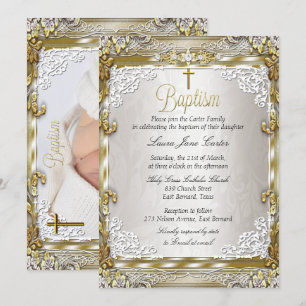 Invitación Oro vintage Beige Damask Cross Baptism Foto