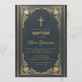 Invitación Oro vintage en bautismo de niño elegante azul de l