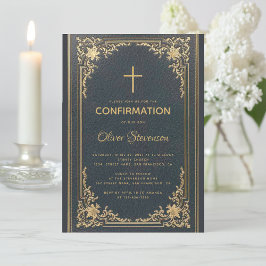 Invitación Oro vintage en confirmación de niño elegante azul 