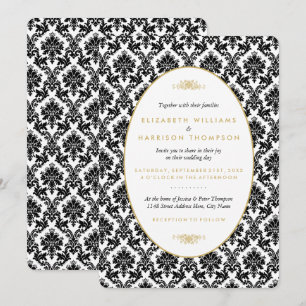 Invitación Oro vintage, matrimonio Damasco blanco y negro